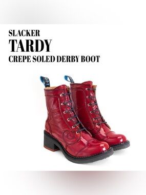 Fluevog NEARLY NEW Slacker Tardy red patent crepe sole lace-up boot-6.5 (fits 6)